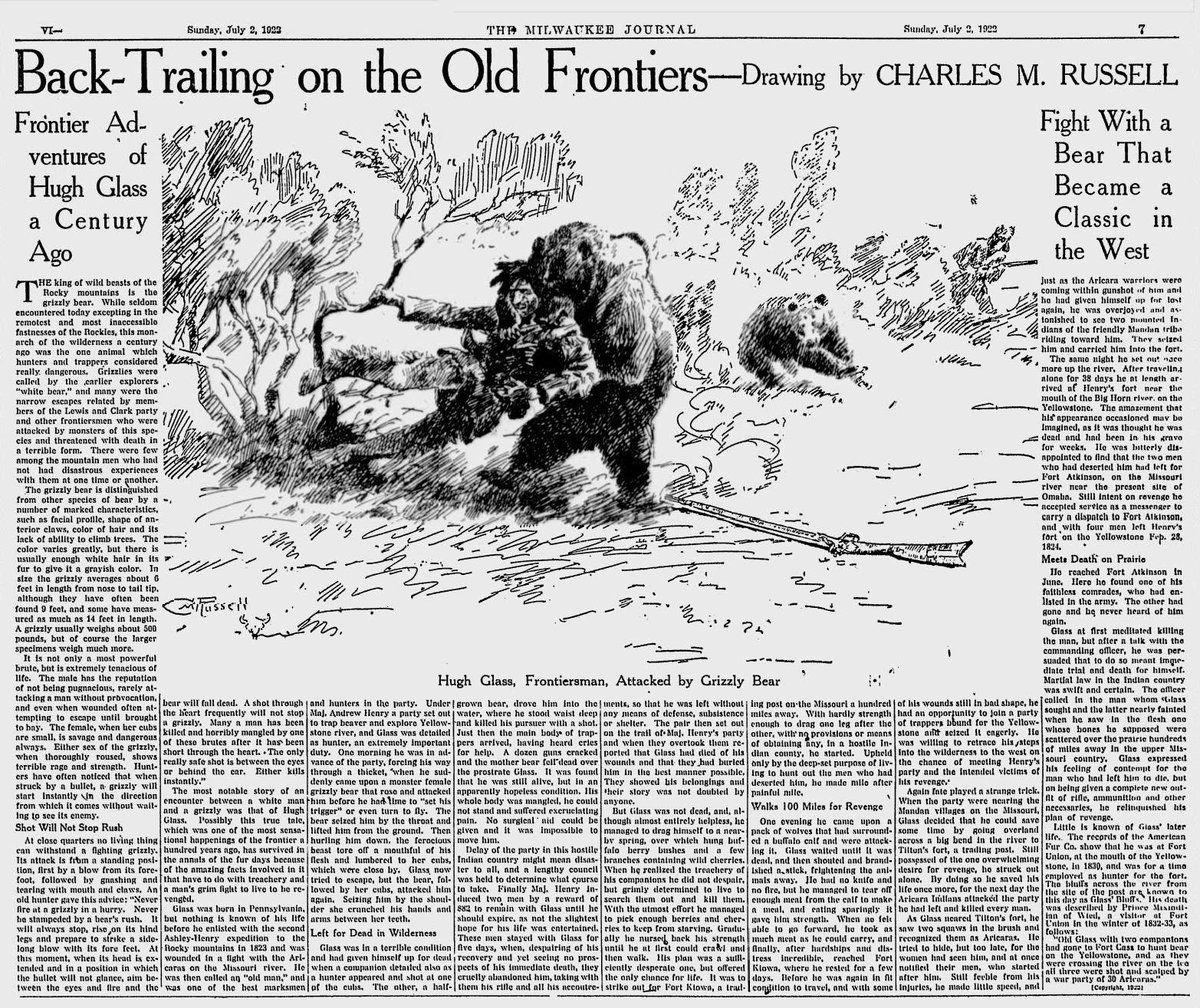 Pennsylvania's 40-year-old fur trapper, Americanman Hugh Glass, met grizzly